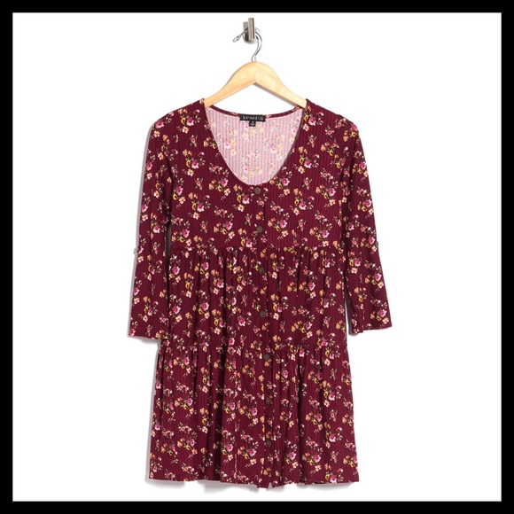 KENEDIK Floral Tiered Ruffle Rib Knit Dress Colors: Wine & Pink - Picture 5 of 7